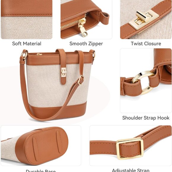 Brown trendy vegan leather small crossbody bucket bag with adjustable strap and - Picture 4 of 6